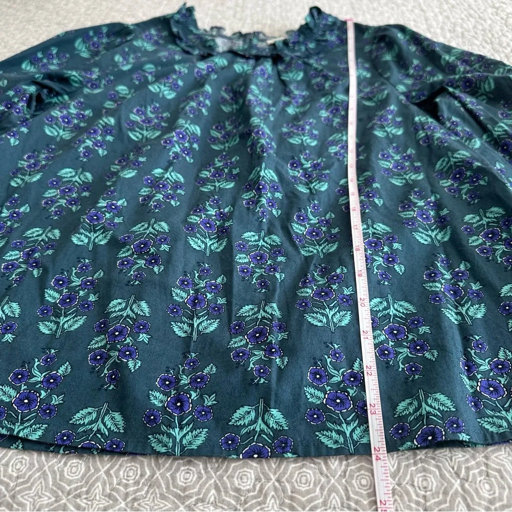 J. CREW Long Sleeve Ruffleneck Poplin Blouse Floral Spruce Antique Navy Size M
